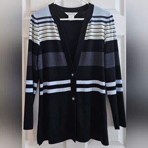 Misook Small Cardigan Black Blue Stripes Fun Daisy Buttons